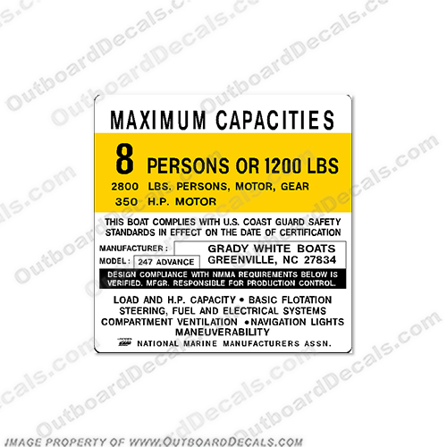 Grady White 247 Advance - 8 Person Capacity Decal   grady, white, gradywhite, capacity, regulation, plate, decal, sticker, hp, outboard motor, tiller, engine, decal, sticker, kit, set, INCR10Aug2021